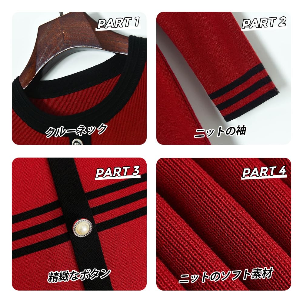 PHOLEEY Red Knit Dress with Black Lines and Long Elegant Women's Buttons, Sleeves,