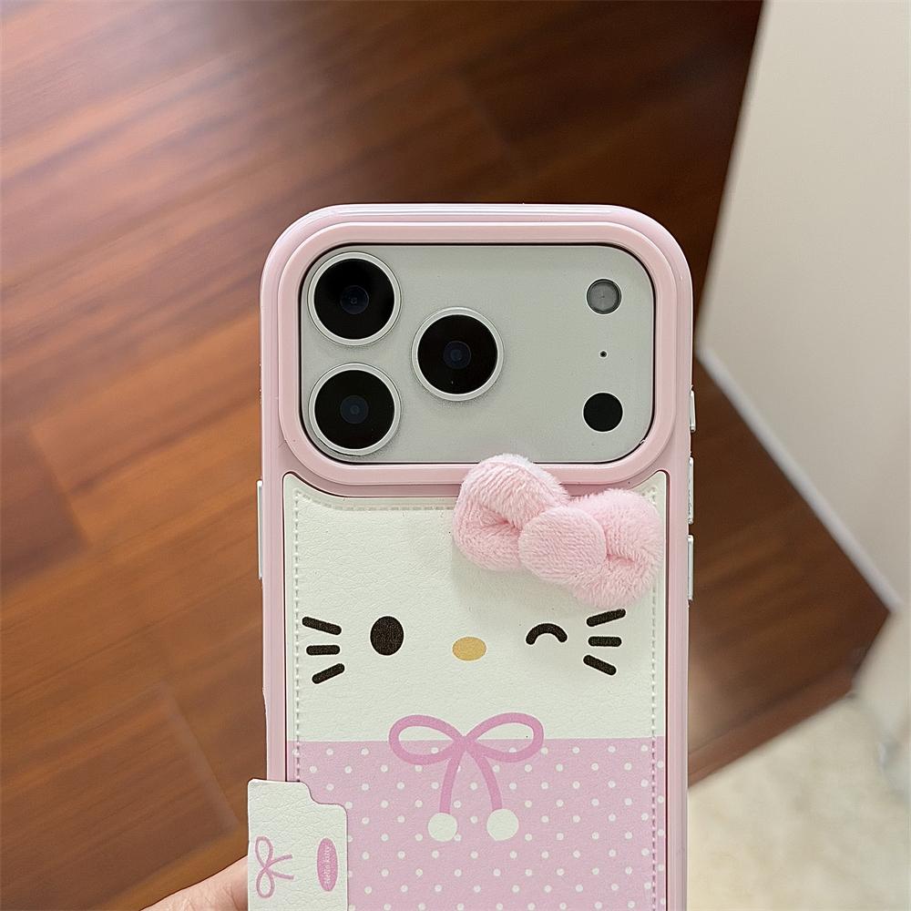 NEW Pink Candy Leather Cute Mini Sanrio Hello Kitty Case For iPhone 17 16 15 14 Pro Max Winter Warm Shockproof Wrist Strap Cover