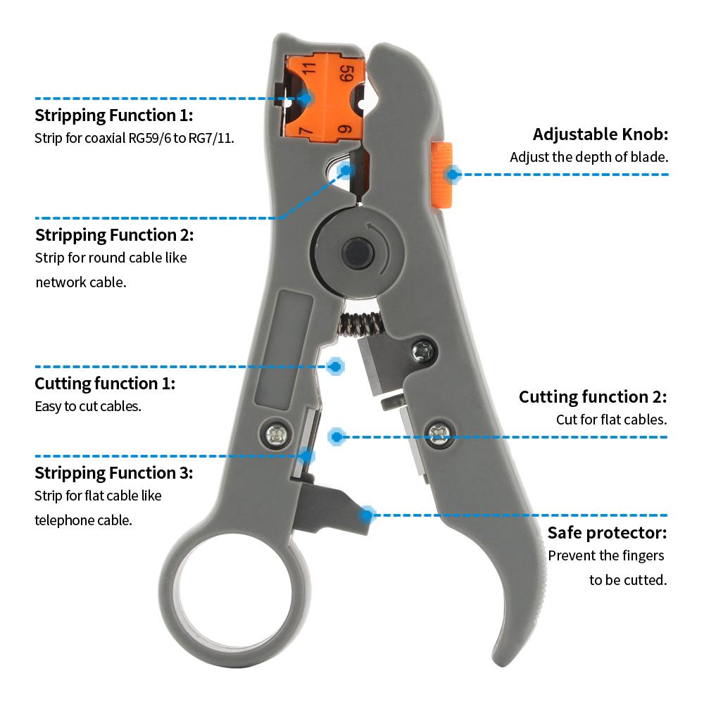 Wire Stripper of RG59 RG6 RG11 RG7 Coaxial Cable Multifunction Stripper Cutter  Pliers for Round Cable and Flat Cable