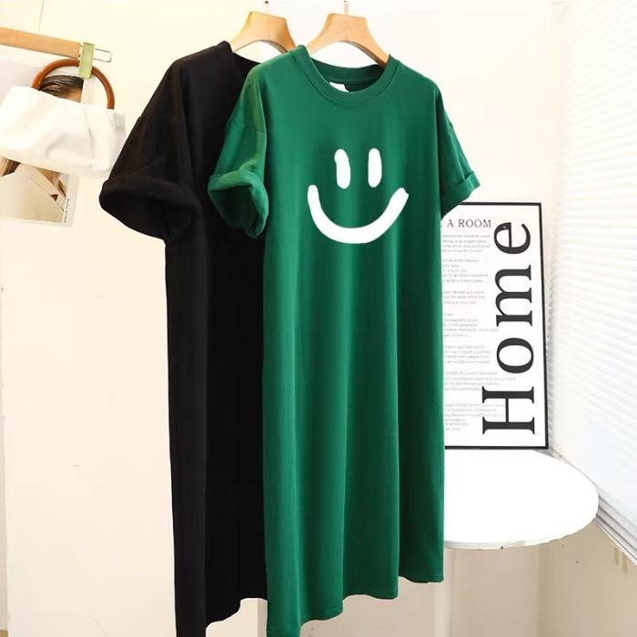 Plus-size Women's Smiling Short-sleeved Dress, Summer Korean Style Loose and Laid-back T-shirt Dress, Nightgown