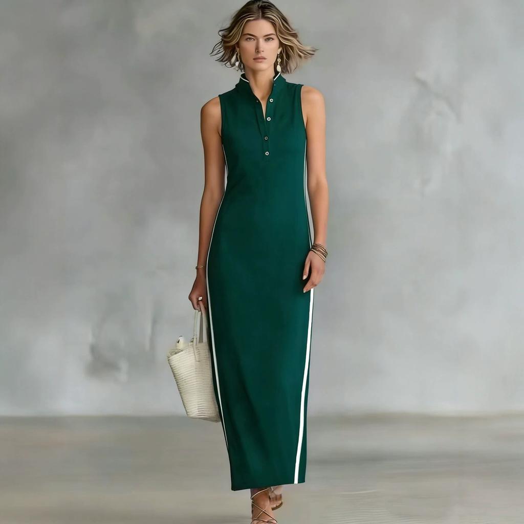 New women's style simple button-neck sleeveless long slim-fitting dress