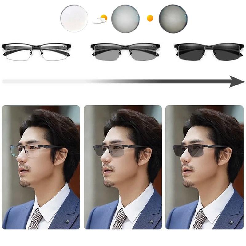 Half Frame Men Business Reading Glasses Pochromic Progressive Multifocal Far Sight Glasses Anti-blue Light Presbyopia Glasses