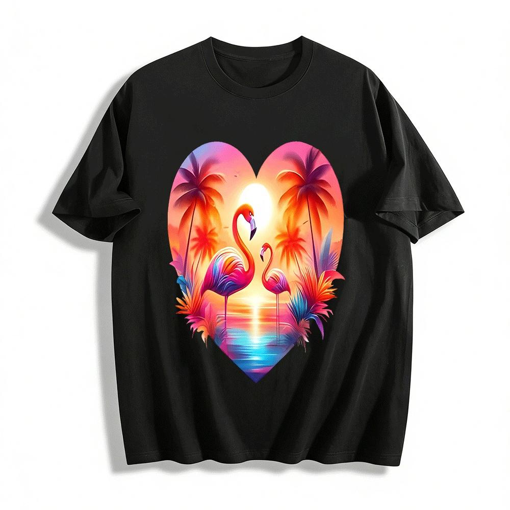 Tropical Sunset Flamingo Heart Print Casual Short Sleeve Top Pure cotton T-shirt XXS