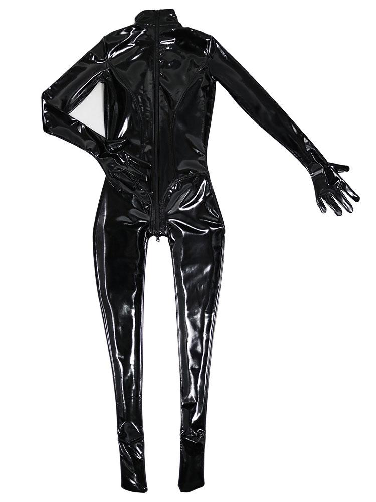 Mode Ganzkörper-Jumpsuit Damen Latex Ammoniak Sexy PU Glänzend Bodysuit Hoher Kragen Former Shapewear Nachtclub Auftritt Tanz Strumpfhose