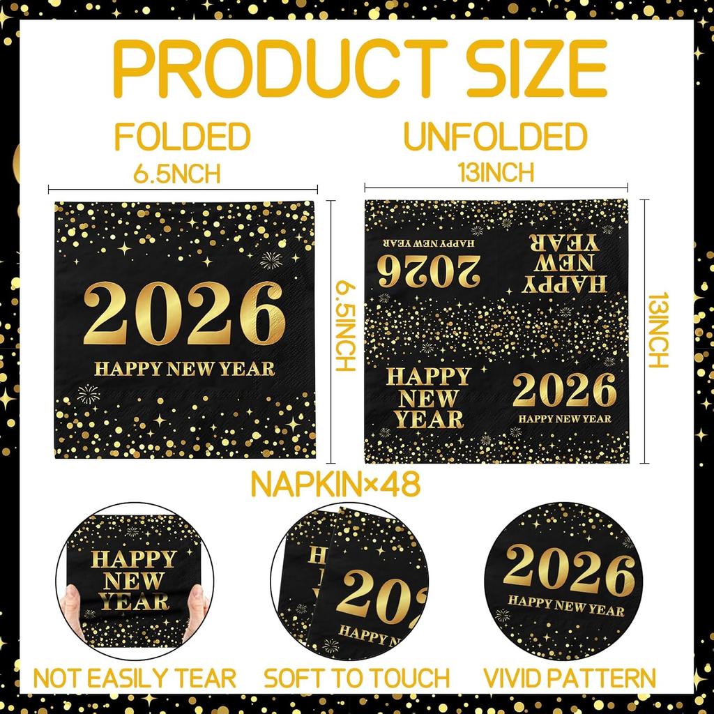 48Pcs Black and Gold New Years Napk Paper, Polka Dot New Years Eve Party Supplies 2026 Black and Gold Napk Nye Decorations for Holiday Birthday