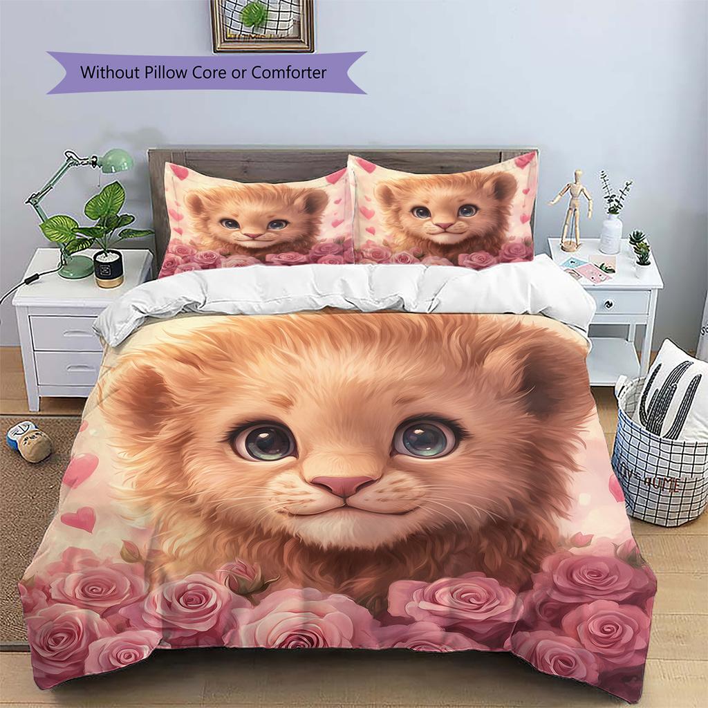 Lion and Rose Pattern Bedding Home Decoration Birthday Gift (1 * duvet cover + 2 * pillowcase, without core)