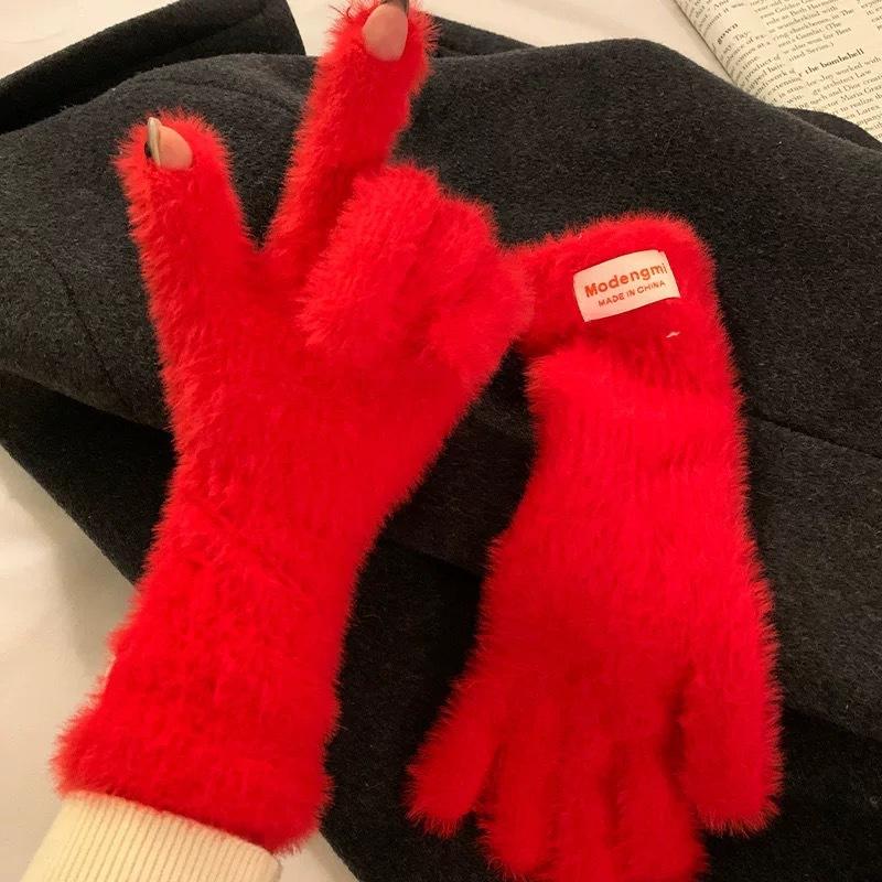 Plush  Soft and Waxy Finger Gloves for Women in Winter Versatile Long Style  Thickened and Warm  Student Cycling Fingerless Touch Screen