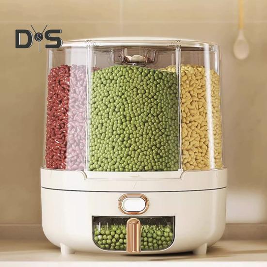 Distribuidor de cereais giratório de 360 graus, recipiente de arroz com tampa, grande capacidade, vários compartimentos, organizador de armazenamento de grãos