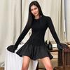 Flare Sleeve Mini Dress For Women Fashion Splice Folds Dress A-Line Hem Bodycon Female Elegant Dress  Summer New