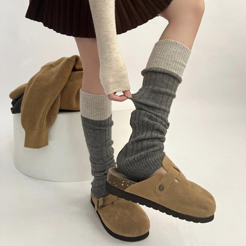 Womens Winter Warm Ribbed Knit Leg Warmers Japanese Style Harajuku Vintage Colorblock Long Boot Socks Thermal Leg Cover