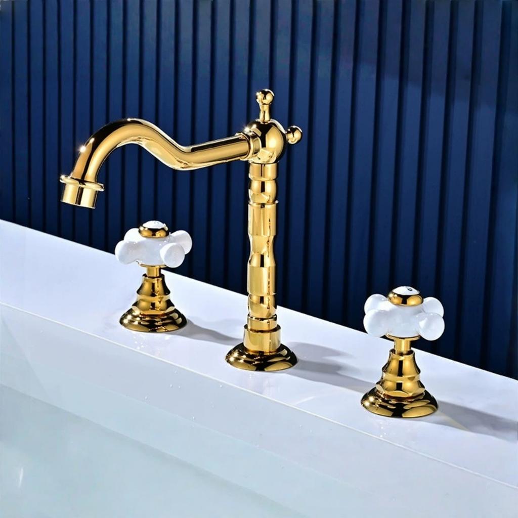 Tuqiu Gold Bathroom Faucet Total Brass Widespread Basin Faucet Black Sink Faucets 3 Hole Faucet Hot & Cold European Style
