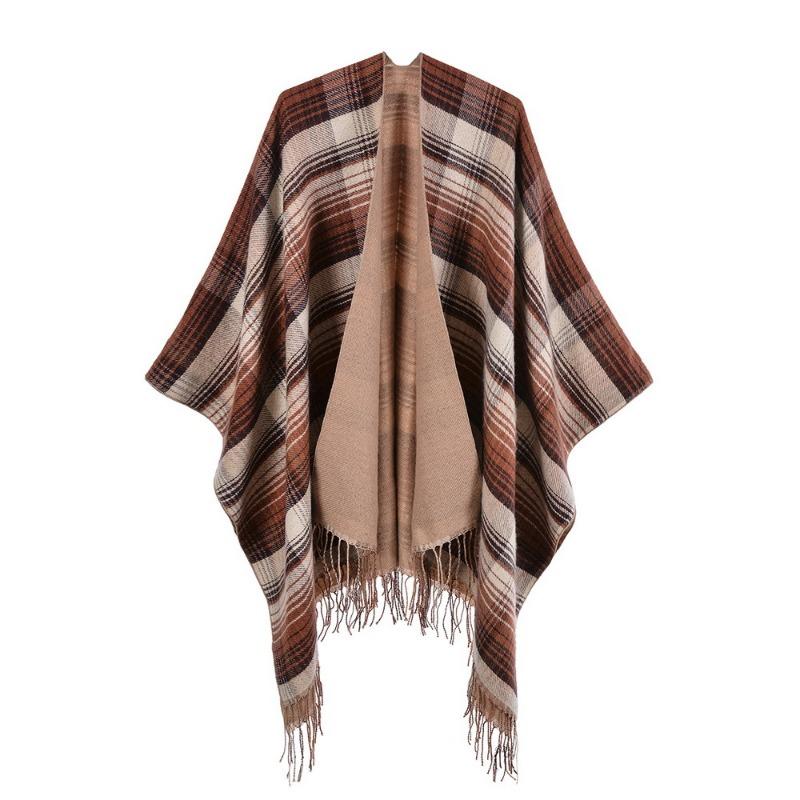 Scottish Classic Plaid Tassel Thick Warm Split Shawl Cape