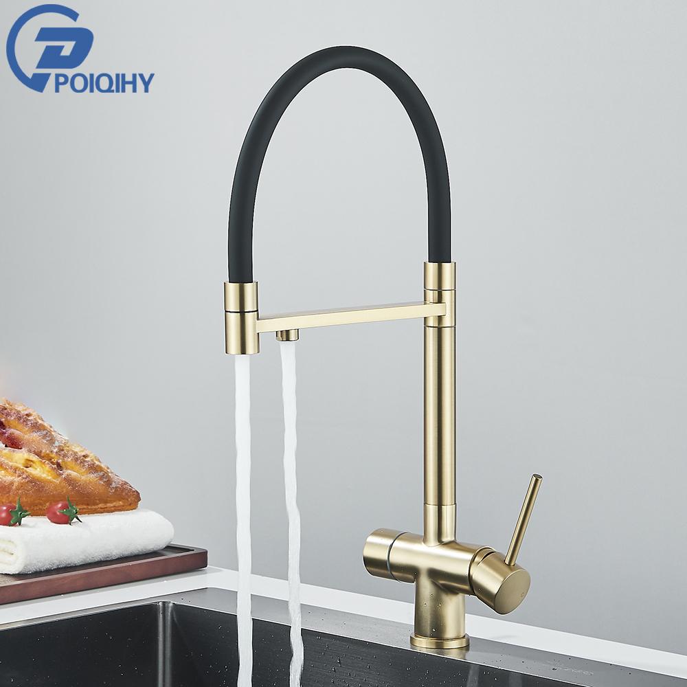 Brushed Gold Kitchen Faucet Purifier Faucets Drinking Water Tap Dual Spout Filtered Crane Hot Cold Mixer Tap Deck Mounted
