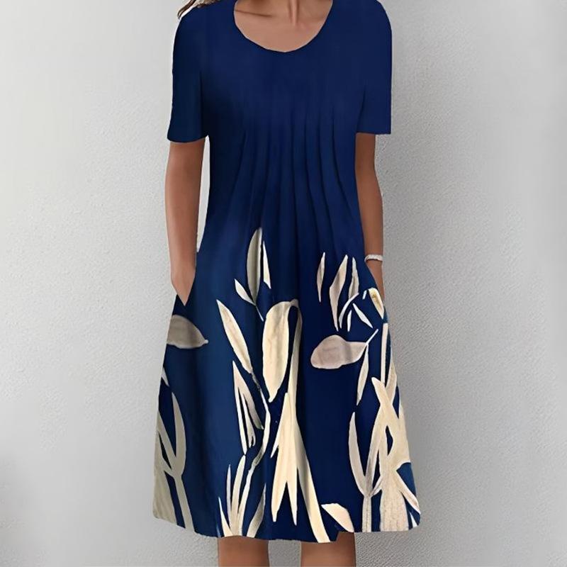 Spring and Summer Floral Print Crew Neck Pocket Women's Fashion Casual Crew Neck Trend Print Medium and Long Dress