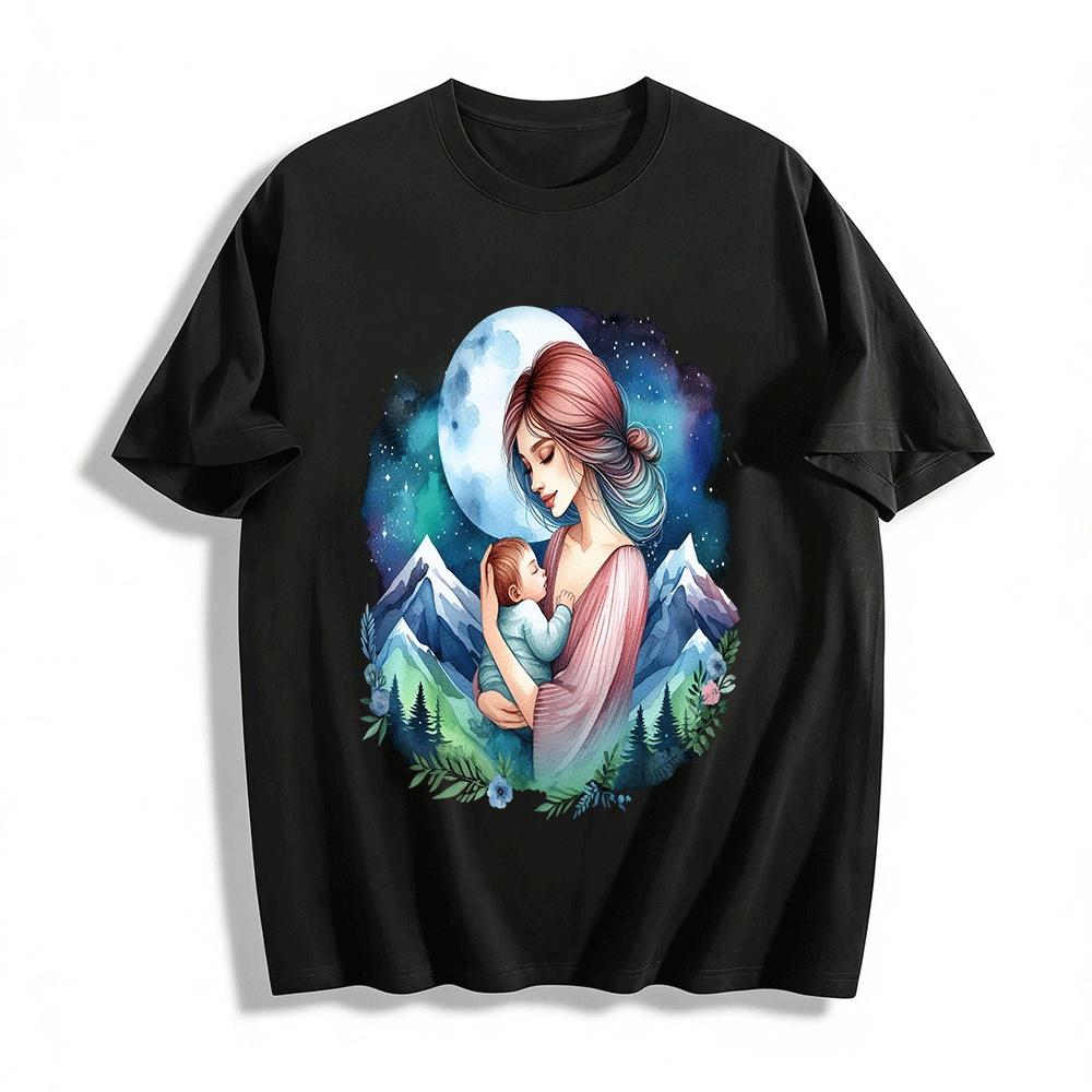 Moonlit Snow Mountain Mother And Child Embrace Print Top Pure cotton T-shirt XXS