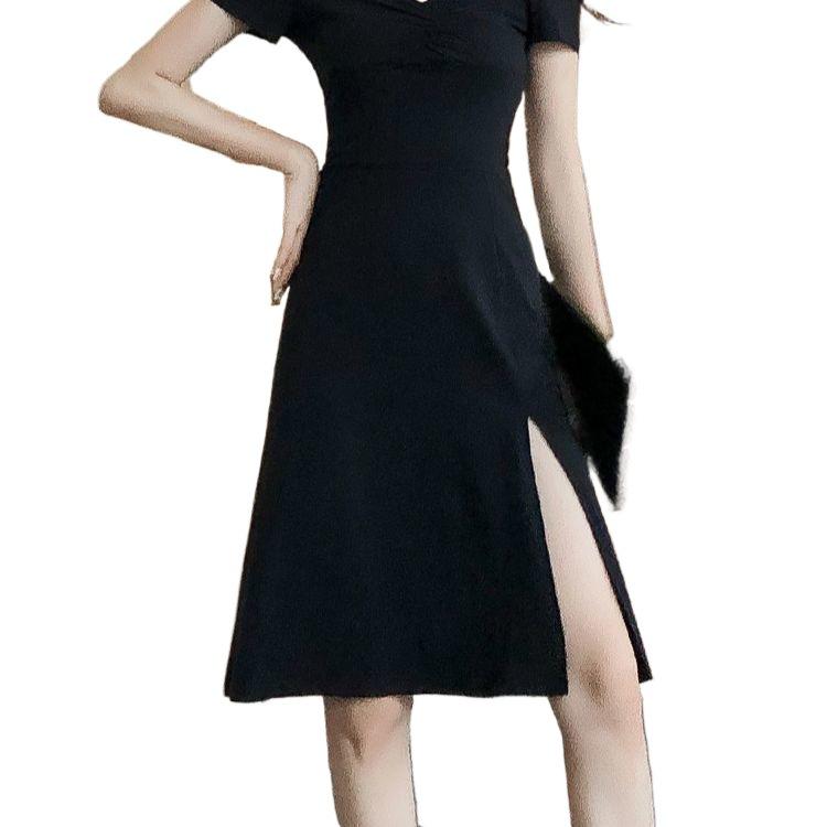 2026 French Chic Little Black Dress: Square Neck Mid-Length with Slit