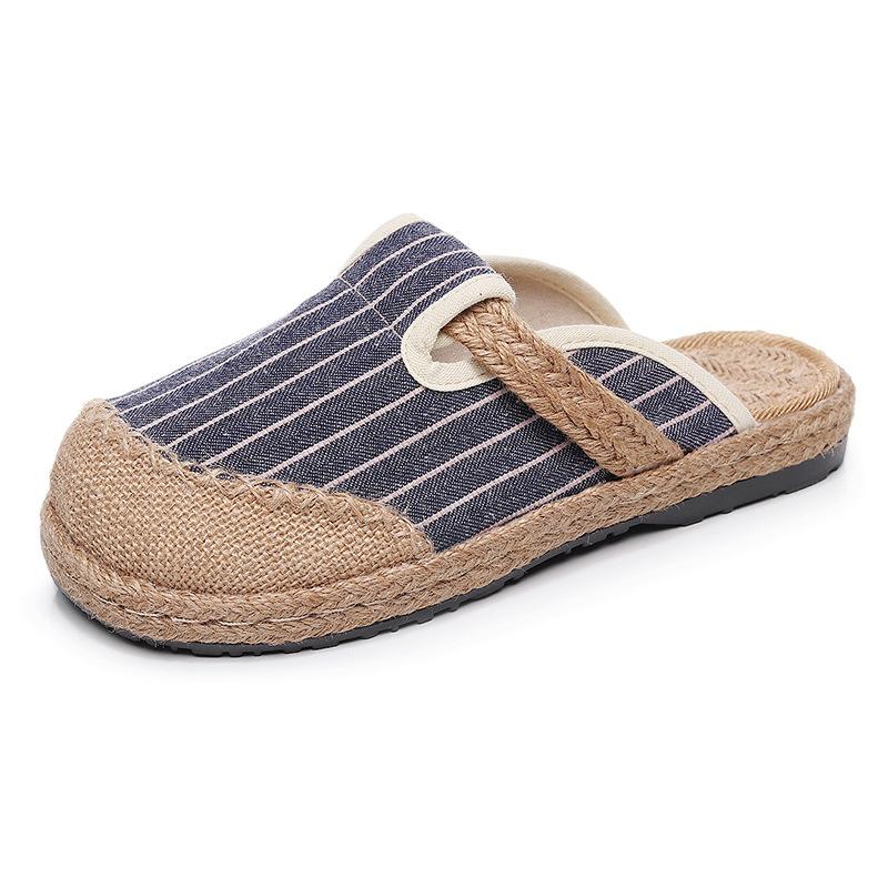 Вертикальная полосатая домашняя обувь из хлопка и льна с вышивкой, женские, нескользящие тапочки из термопластичной резины с мягкой подошвой, туфли ручной работы с большой головой 35