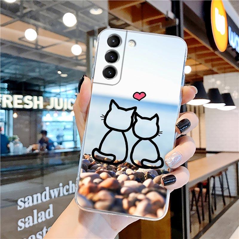 Funny Cartoon Line Art Cat Cute Animal Transparent Case for Samsung Galaxy S22 S21 S20 FE S 22 Ultra S10E S9 Plus 5G Cover Coque