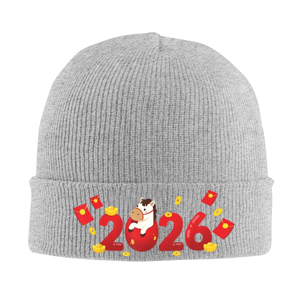 Funny Happy New Year 2026 Cute Year of The Horse Knit Hat Caps Men Women Hippie Beanie Hats Autumn Winter Head Wrap Bonnet Hats