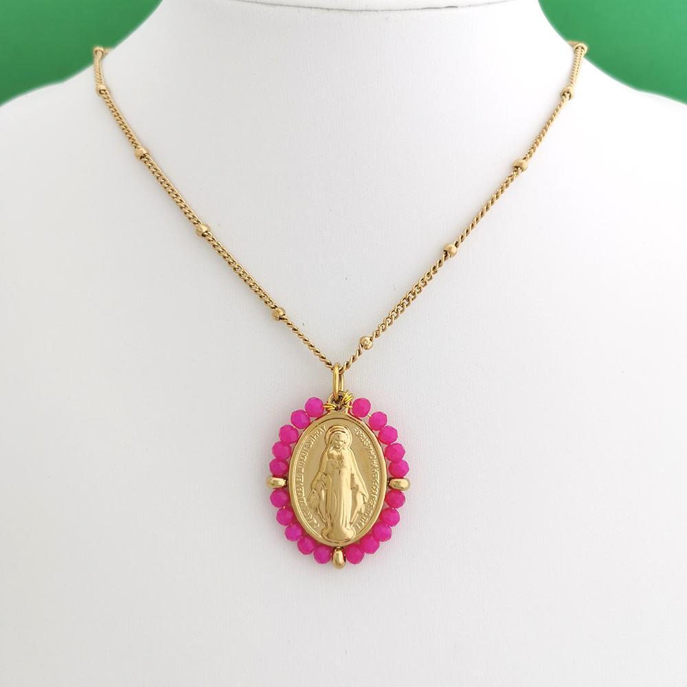 QMHJE Virgin Mary Stainless Steel Pendant Necklace Women Choker Beads Chain Oval Round Charm Gold Color Jewelry White Black