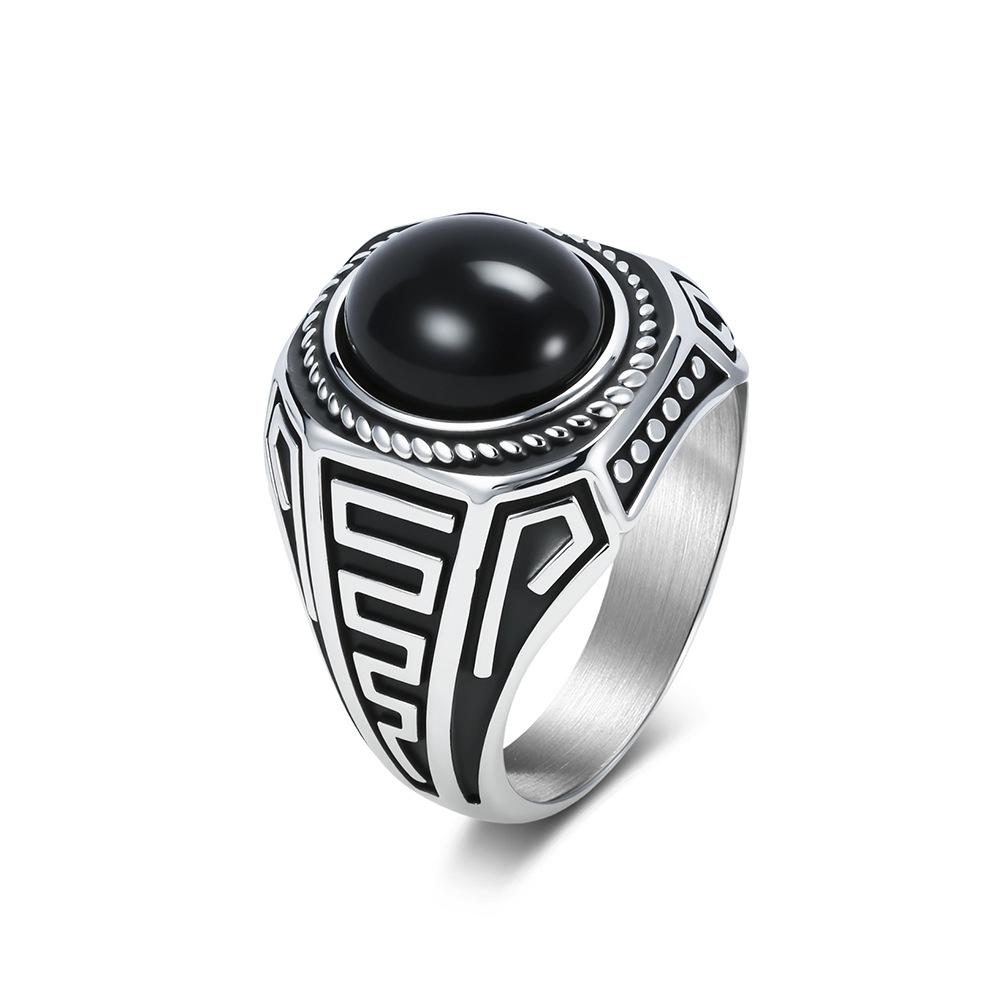 Qianfeng Jewelry Retro Trend Titanium Steel Black Gemstone Ring Men's Literary Niche High-end Index Finger Ring