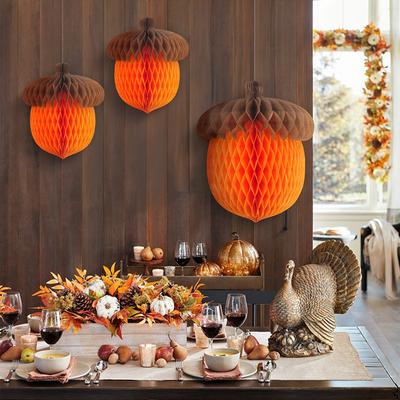 WTEMPO 1PC Acorn Shaped Honeycomb Ball Hangings Thanksgiving Turkey Day Paper Honeycomb Ornaments Holiday Party Fall Themed Creative DIY Decorations