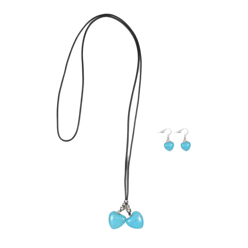 Women Fashion Stone Pendant Necklace Earrings Set Charming Love Round Shape Pendant Necklace