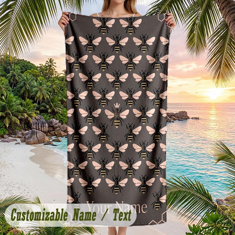 Bee Floral Garden Theme Quick Dry Beach Towel Custom Name Text Print Large Sand Resistant Towel Beach Vacation