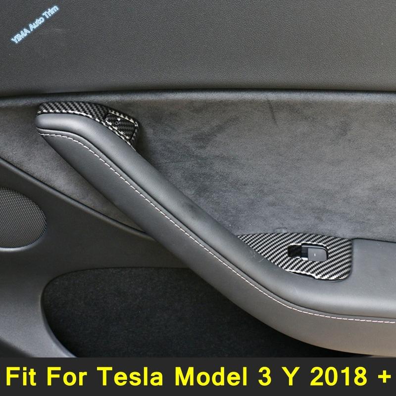 Carbon Fiber Car Inner Armrest Window Lift Control Button Panel Door Lock Cover Trim Accessories For Tesla Model 3 Y 2018 - 2024