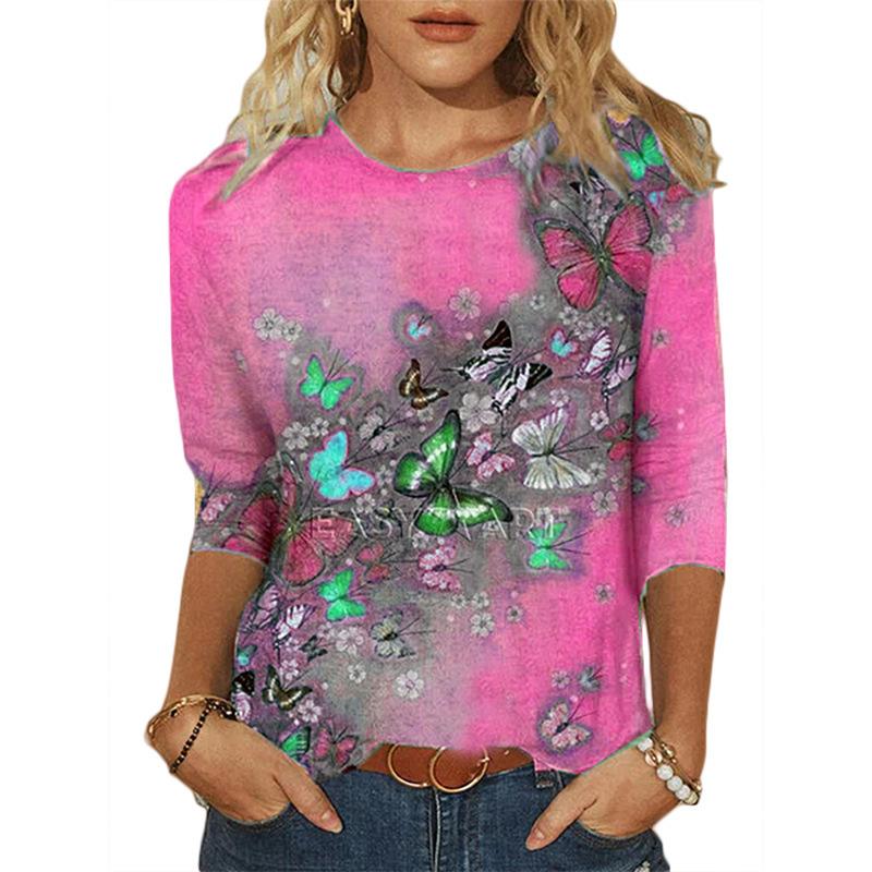 Herbst Rundhals T-Shirt Schmetterling Serie 3D Gedruckt Damen Bequemes Freizeit T-Shirt Top