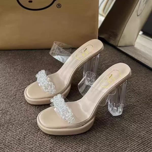 Fashion Low Glitter Slides Shoes Transparent Slippers Square heel Slipers Women Fashion Heeled Mules Jelly Block 2025 Luxury High Rome C