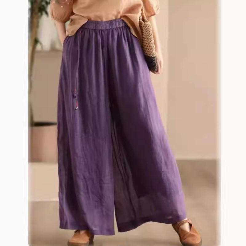 Johnature Damen Vintage Hose mit weitem Bein, einfarbig, Sommerhose mit elastischer Taille, lockere Freizeithose