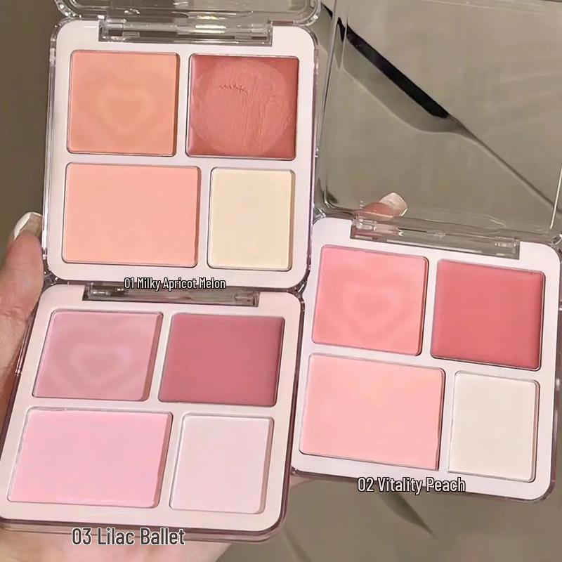 Korean Style 4-Color Blush & Highlight Palette: Matte & Shimmer for Dimensional Contouring and Face Brightening.