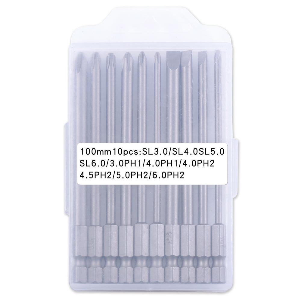 

10PCS Hex Screwdriver Bit Heads Slotted Phillips Drill Head Set 100mm Length S2 Steel with Magnetic for Power Screwdriver Drill Type A