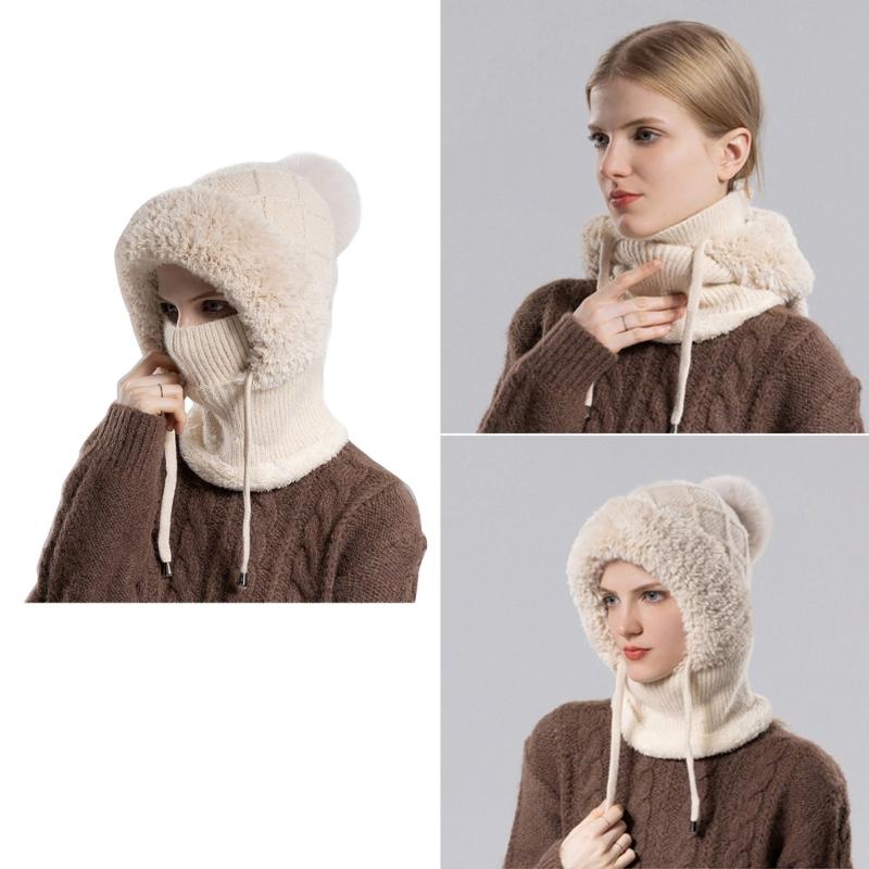 2in1 Winter Warm Ear Flap Scarf Hat Women Knit Hooded Balaclava Hat with Plush Liner Outdoor Activity Pullover Skull Hat