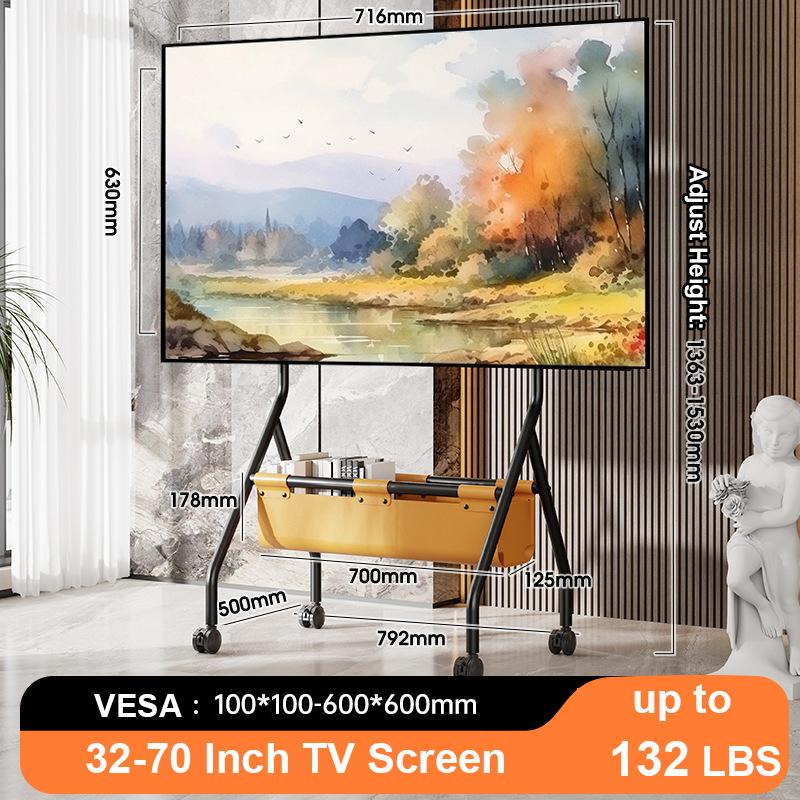 BEISHI Mobile Rolling TV Stand with Wood Shelf, Easy-to-Assemble Roller TV Cart for 32-90 Inches TVs for Living Room Outdoor