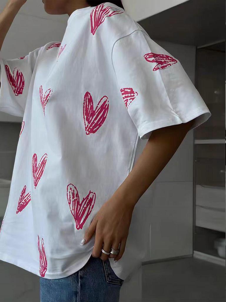 Summer Heart Print Loose Fit Cotton T-Shirt - European & American Style, Age-Reducing & Versatile Fashion