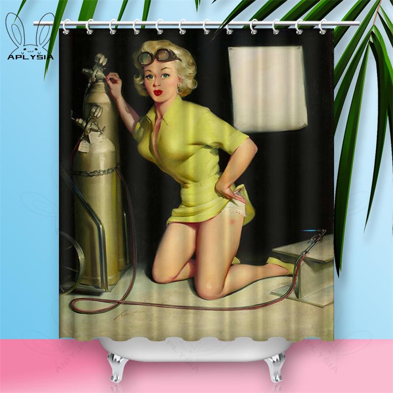 Custom Sexy Girl Hot Breast Shower Curtains European Retro Woman Skirt Dress Daily Waterproof Polyester Fabric Bathroom Curtain