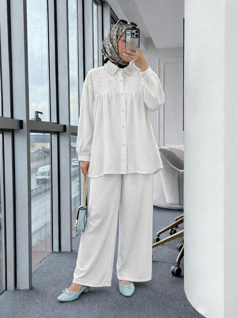 New Arrival: Beaded Long Sleeve Top & Wide Leg Pants Set - Muslim Women's Fashionable Casual Wear
