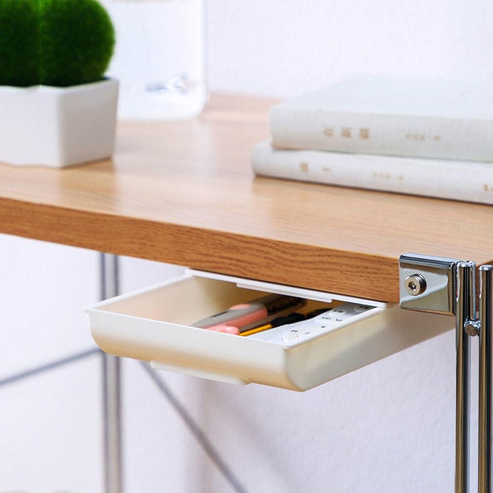 White SelfAdhesive Storage Drawer Box Makeup Pencil Tray Desk Hidden Under Desk Stand Self-adhesive Under-drawer Storage Box
