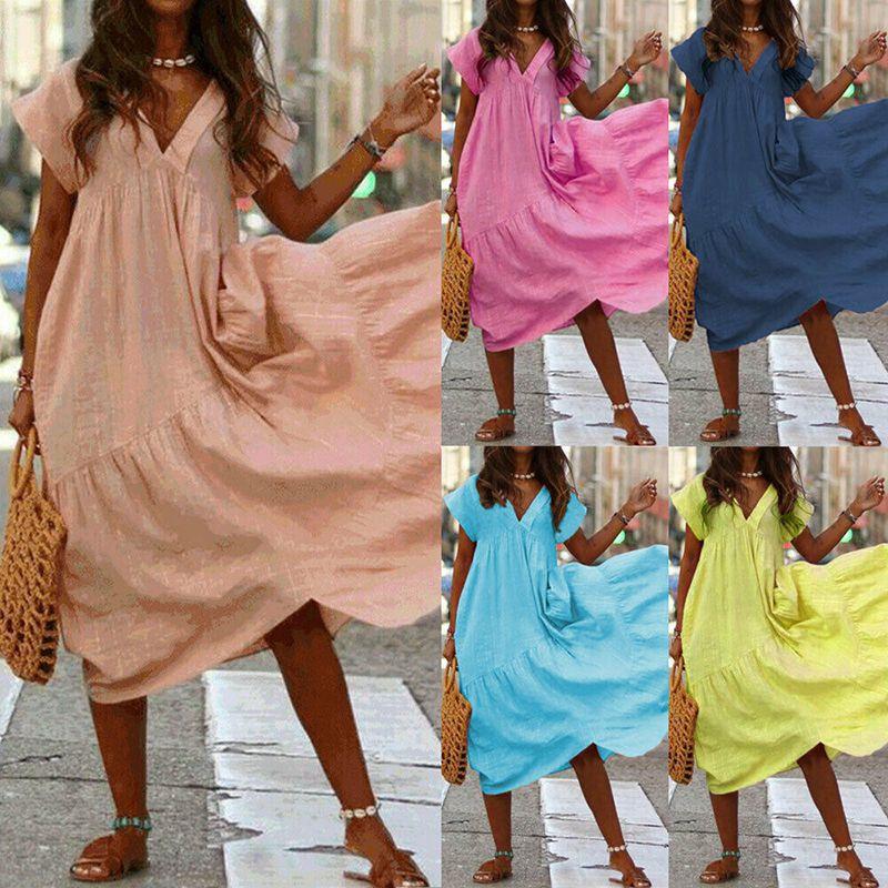 Elegant Women Fashion Maxi Dress Short Sleeve Solid Color Casual Boho Kaftan