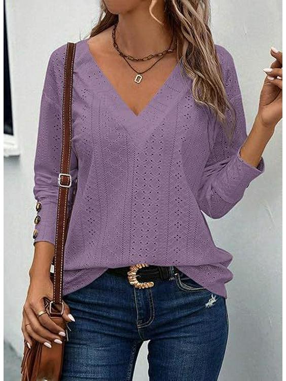 Модная женская футболка с V-образным вырезом, ажурной вставкой и длинными рукавами L