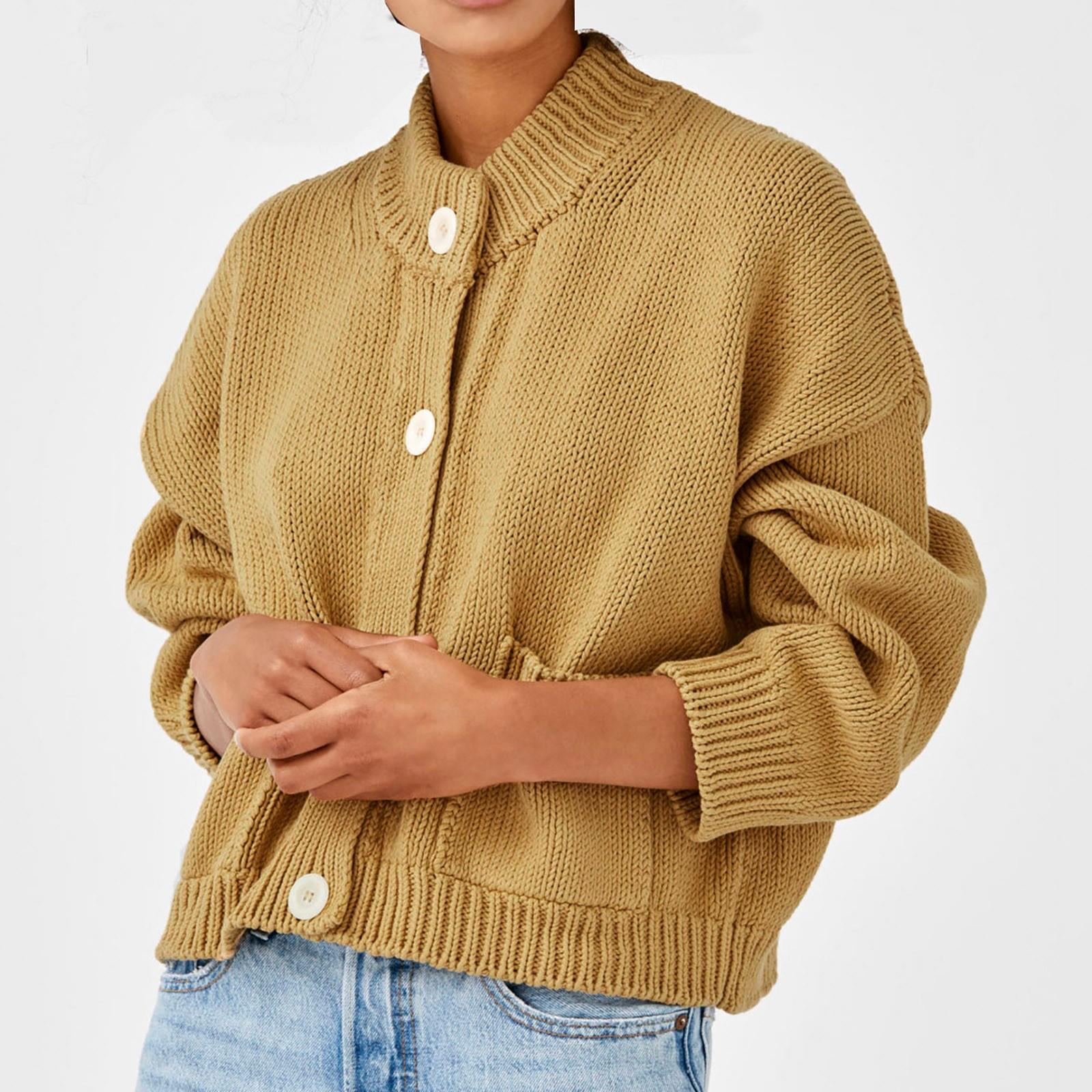 

Women s Cardigan Solid Color Pocket High Neck Personality Sweater Jacket XL хакі