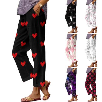 Women's Cotton Linen Pants Printing Summer Wide Leg Casual Loose Drawstring High Waist Palazzo Pants Trousers With Pockets