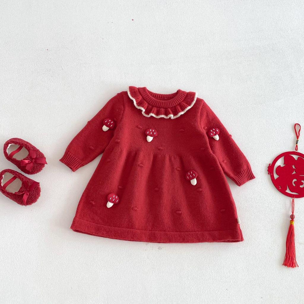 2025 Winter Baby Girls' 3D Mushroom Knit Dress – Chinese New Year & 1st Birthday Outfit