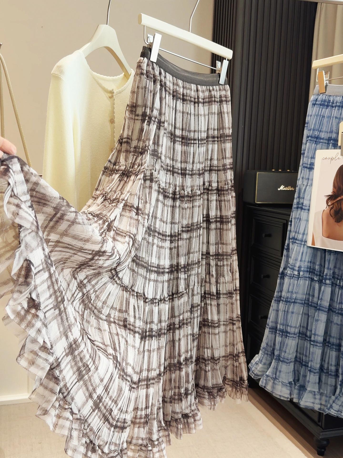 

Design-Sense Elegant Women s Plaid Lace Midi Skirt - Spring/Summer Style with Pleated Drape and Large Hem One Size хаки