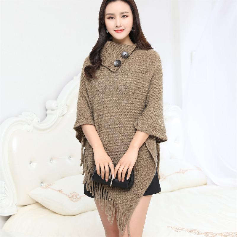 Herbst- und Winterneuheit Damen Umhang Schal mit hohem Kragen, Knopf und Quasten, winterwarmer Umhang, einfacher modischer Pullover