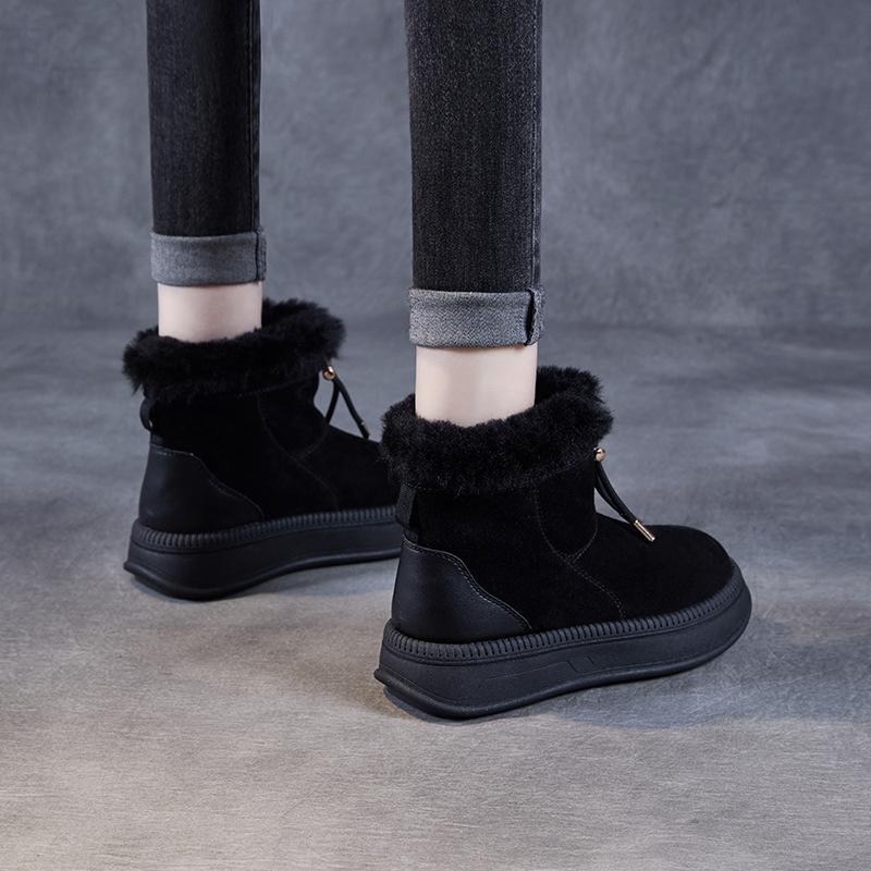 GKTINOO Women Snow Boots Quality Cow Suede Leather Round Toe Slip On Flat Platform Thick Plush Winter Warm Ankle Boots