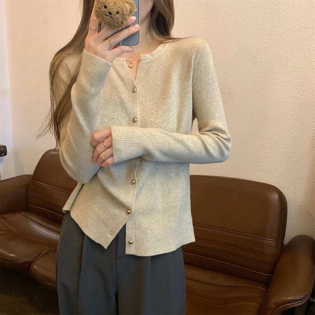 Spring collar single-breasted knitted cardigan women's lazy and versatile simple long-sleeved sweater pit strip top