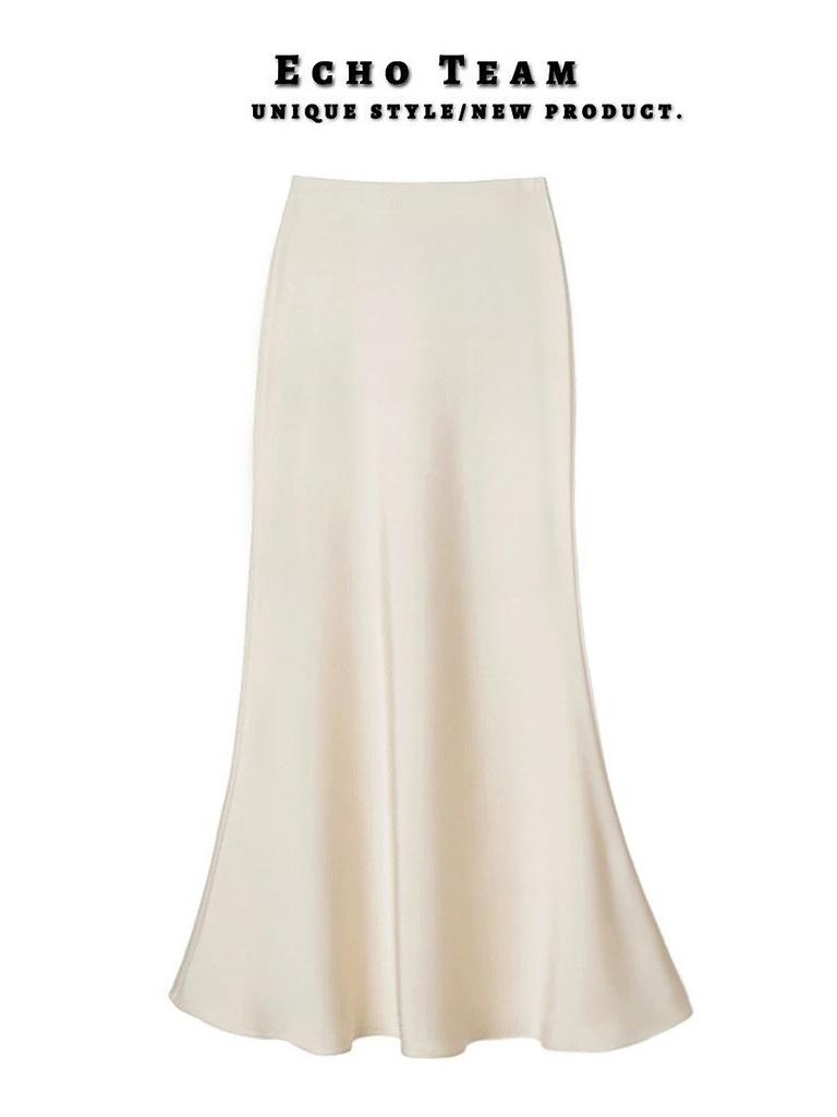 High-waisted, Slimming, Mid-length Satin and Acetate Smooth Skirt, Spring and Summer New Style Body-hugging Fishtail A-line Long Dress